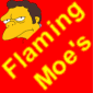 Red background with yellow cartoon characters and text: "Flaming Moe's" on left, "BKK" in center, "THE BAR" at bottom right.