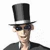 Animated sequence of a cartoon character in top hat and sunglasses with changing facial expressions across four
