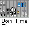 Animated contact sheet showing six frames of a pixel art prison scene with striped prisoner characters behind bars and repeated "Doin' Time" text below each frame.