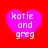 Four identical pink hearts on red background with white text 'kotie and greg' inside each heart.