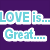 Six distinct text in a with varying background colors and pixelated fonts displaying phrases about love