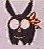 Animated cartoon bunny with black body, white eyes, brown bow on right side, and changing mouth expressions against light purple background.