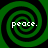 Four identical green spiral patterns with black outlines arranged in a , each containing the text 'peace.' in white pixelated font