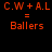 Red pixelated text on black background displays 'C.W + A.L = Ballers' in two identical side-by-side arrangements.