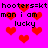 Pixelated red hearts float over a bright pink background with repeated black text reading "hooters=kt man i am lucky" in two