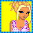 Pixel art contact sheet showing three frames of an animated buddy icon with a cartoon woman and text elements on yellow background.