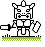 Pixel art character with a unicorn horn, holding a sword and shield on green grass background.