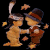 Pixelated static image of two cartoon figures dancing with falling stars against black background, rendered in warm brown/orange tones with dithering and anti-aliasing artifacts.