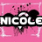 Pink background with white border frames; black splatter effects; white heart with embedded photo; 'NICOLE' text in black bar.