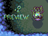 Pixel art preview image with 'PREVIEW' text, floating bubbles, and a colorful creature on a greenish background.