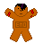 Pixelated brown figure with black hair and red hand marks, arms raised in three of three icons showing text variations on its torso