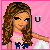 Pixelated cartoon woman with long brown hair in pink background, wearing pink top with blue accents and white pants, with 'U' text on right.