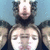 four identical pixelated images showing a person with dark curly hair against a light blue background