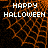 Pixelated orange web pattern on black background with 'HAPPY HALLOWEEN' text in white block letters.