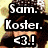 A person with dark hair and a sparkly headband appears in two states: one with overlaid text 'Sam. Koster. <3.!', the other without.