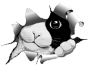 Two side-by-side black-and-white cartoon fish with torn paper edges, one showing a circular eye and the other a horizontal line mouth.