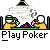 Pixel art animation frames showing two cartoon characters playing poker at a table with a lamp, accompanied by text promoting 'badassbuddy.com' and 'Play Poker'