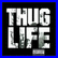 A split-screen image showing a static 'THUG LIFE' text graphic on the left and a pixelated portrait of a person with light hair on the right, both within a blue border.