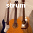 Pixelated image of guitars with changing text overlays reading strum the day away =)