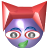 Pixelated character with purple face, red cat ears, blue eyebrows, gray eyes with red outlines, and green mouth against gray background.