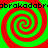 Four identical red and green spiral patterns arranged in a with a red background and black text repeating 'abrokadabra' horizontally