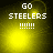 Yellow gradient background with white pixelated text 'GO STEELERS !!!!!' in four , each showing a different light burst position