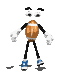 Pixelated character with brown oval torso, black limbs, white gloves, blue shoes, and large eyes in six poses showing walking, waving, and standing.