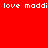 Red background with repeated 'love maddi' text and two blue-purple gradient circles in a