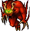 Red demonic creature with curved horns, green glowing chest, and multiple claws in two poses against gray background.
