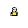 Animated contact sheet of a pixel art character with yellow body and white head performing various actions across 19 frames, including text changes below the icon.