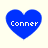 Four blue heart-shaped icons with white text 'Conner' displayed in a on a light background