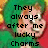 Pixelated image of a person with green hair and red clothing, overlaid with black text reading "They always after me lucky Charms" on the left side.