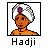 Pixelated cartoon icon of a character with brown skin wearing an orange outfit and white turban with purple gem, labeled "Hadji" below the frame.
