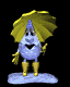 Animated character with blue body, yellow boots, and yellow umbrella-like headpiece stands on light blue cloud base against black background.