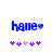 Blue pixelated text 'hame' with a heart symbol, surrounded by purple and light-purple asterisk-like shapes on white background.