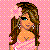 Pixelated female figure with long brown hair, blue eyes, and a pink dress against a checkered background.
