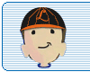Animated cartoon head with black cap featuring orange 'A' symbol, smiling expression, and light blue striped background.
