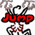 Pixelated red text and black outline characters with smoke effects, displaying 'Jump', 'Kick', 'Shout' above a figure's head and 'Thats wat we do!!', 'CHEER-LEADERS' below.