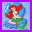 Animated icon shows a mermaid with red hair and green tail sitting on a blue seashell, with text changing from 'I wanna be' to 'a mermaid' on pink background.