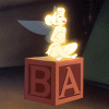 Animated sequence of a glowing cartoon fairy sitting on a brown block with 'BA' letters, performing various poses and wing movements.