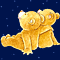Two golden teddy bears sit side-by-side against a dark blue starry background, facing forward with arms resting on their legs.