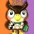 Pixelated owl character with brown feathers, yellow beak, large white eyes, green bow tie, and green pouch, standing against orange and purple background.