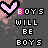 A 4x4 contact sheet of animated frames showing a pixel art icon with the text "BOYS WILL BE BOYS" and pink heart symbols, where individual letters in "BOYS" and "WILL" change color across frames.