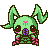 A 4x3 grid of pixel art frames showing a green cartoon creature with pink accents and purple mouth, each frame displaying subtle facial expression changes across the animation sequence.