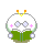 Pixelated character with white head, green body, and orange antennae; eyes are blue checkered glasses, cheeks have pink crosses, hands hold white flowers.