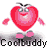A 3-frame animated contact sheet showing a red heart-shaped cartoon character with glasses, pink limbs, and a bow tie performing different poses above the text "Coolbuddy" on a gray background.