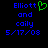 Blue pixelated text reads 'Elliott and caily 5/17/08' on black background with green heart symbol next to first name.