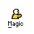 Pixelated character with yellow torso and white head emits blue particle effects in multiple stages, labeled 'Magic' below.