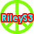 Four peace sign icons in green, blue, purple, and yellow with red-outlined cyan text "RileyS3" overlaid on each.