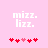 Pixelated text 'mizz. lizz.' in white on pink background with red and light-red heart symbols below.
